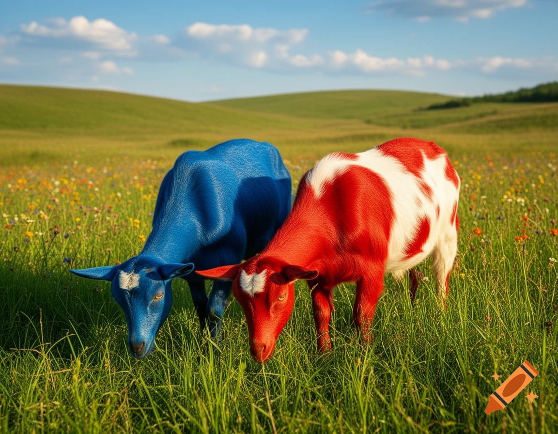 Two brightly colored goats, one blue and one red and white, graze in a lush green meadow under a blue sky.