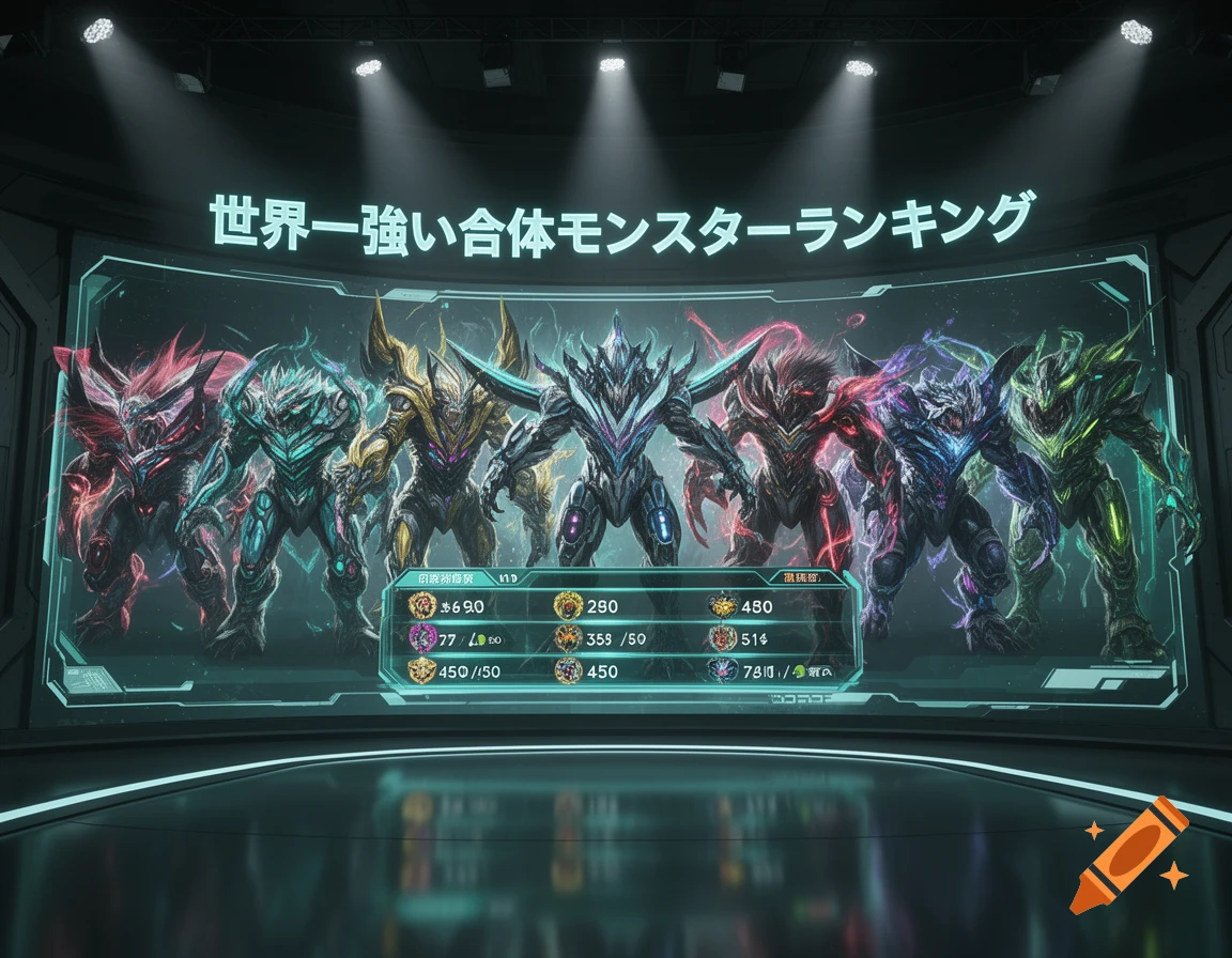 A futuristic ranking screen displays seven diverse, colorful alien-like monsters with detailed armor and glowing elements, in a dark arena with spotlights.