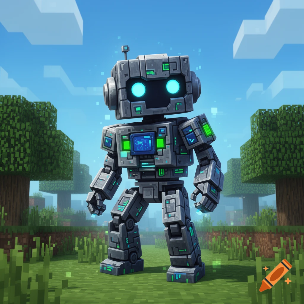 A blocky, gray robot with glowing blue eyes and green accents stands in a vibrant Minecraft-style landscape.