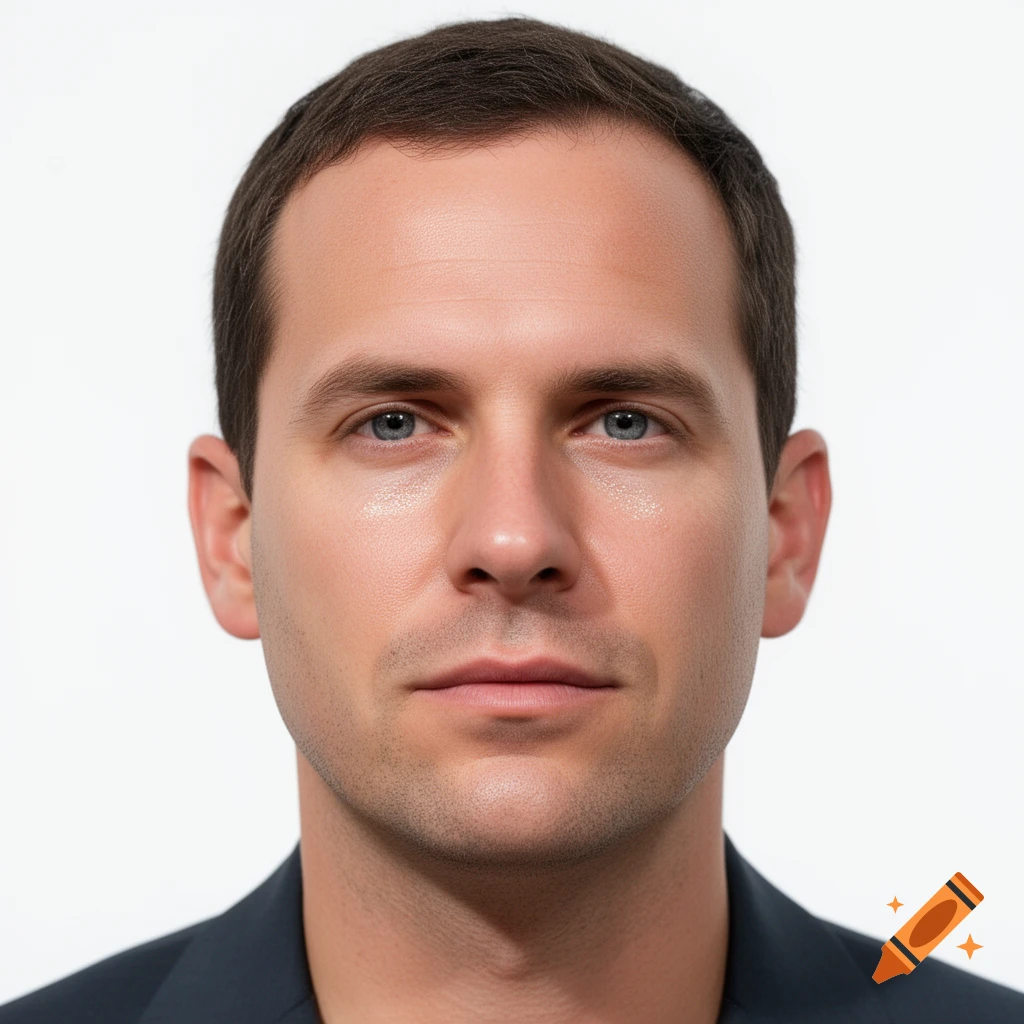 Photorealistic headshot of a man with short brown hair and blue eyes, looking forward against a white background.