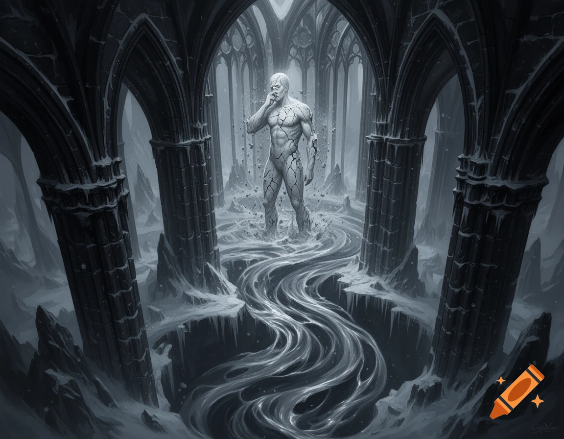 A pale, cracked figure stands sorrowfully in a ruined gothic cathedral with dark arches and a swirling silver river, dark fantasy art.