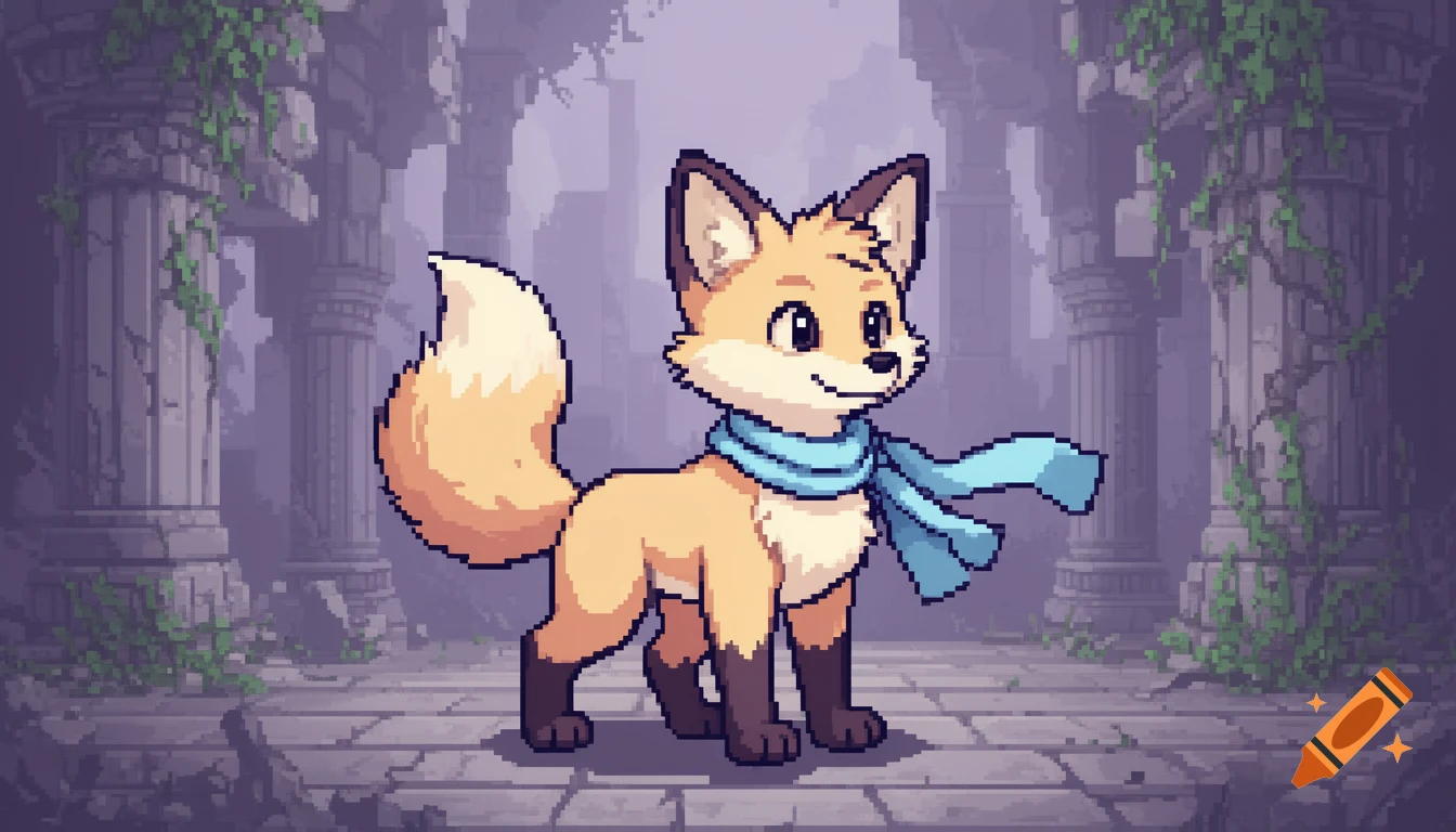 A cute 16-bit pixel art desert fox with a blue scarf stands in ancient purple-gray ruins.