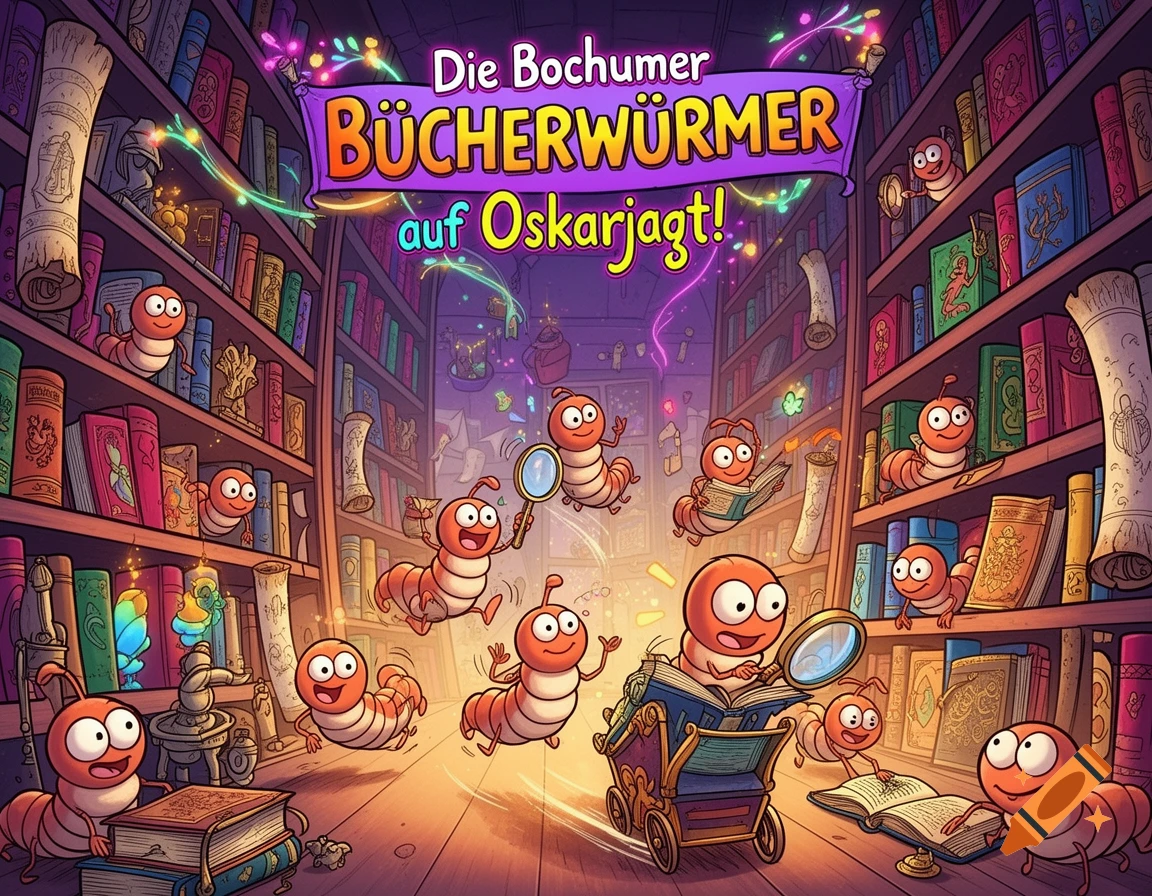 Cartoon bookworms exploring a vibrant, colorful library filled with books, with a large banner displaying German text.