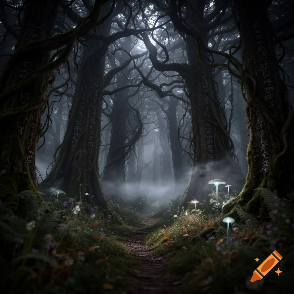 A dark, misty fantasy forest with gnarled trees covered in glowing runes and luminescent mushrooms along a winding path.