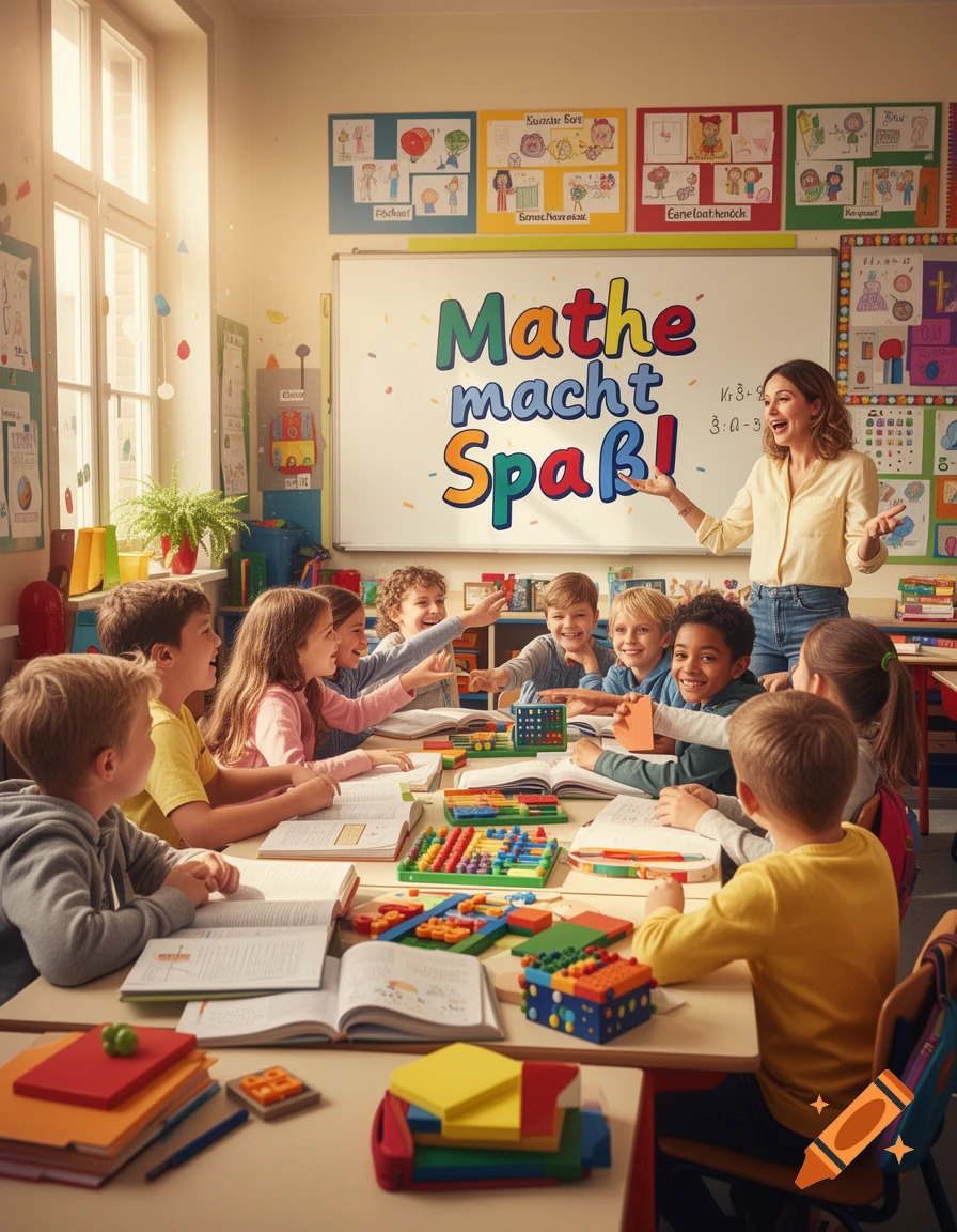 A cheerful classroom scene with a teacher and happy children learning. The whiteboard reads 'Mathe macht Spaß!' (Math is fun!).