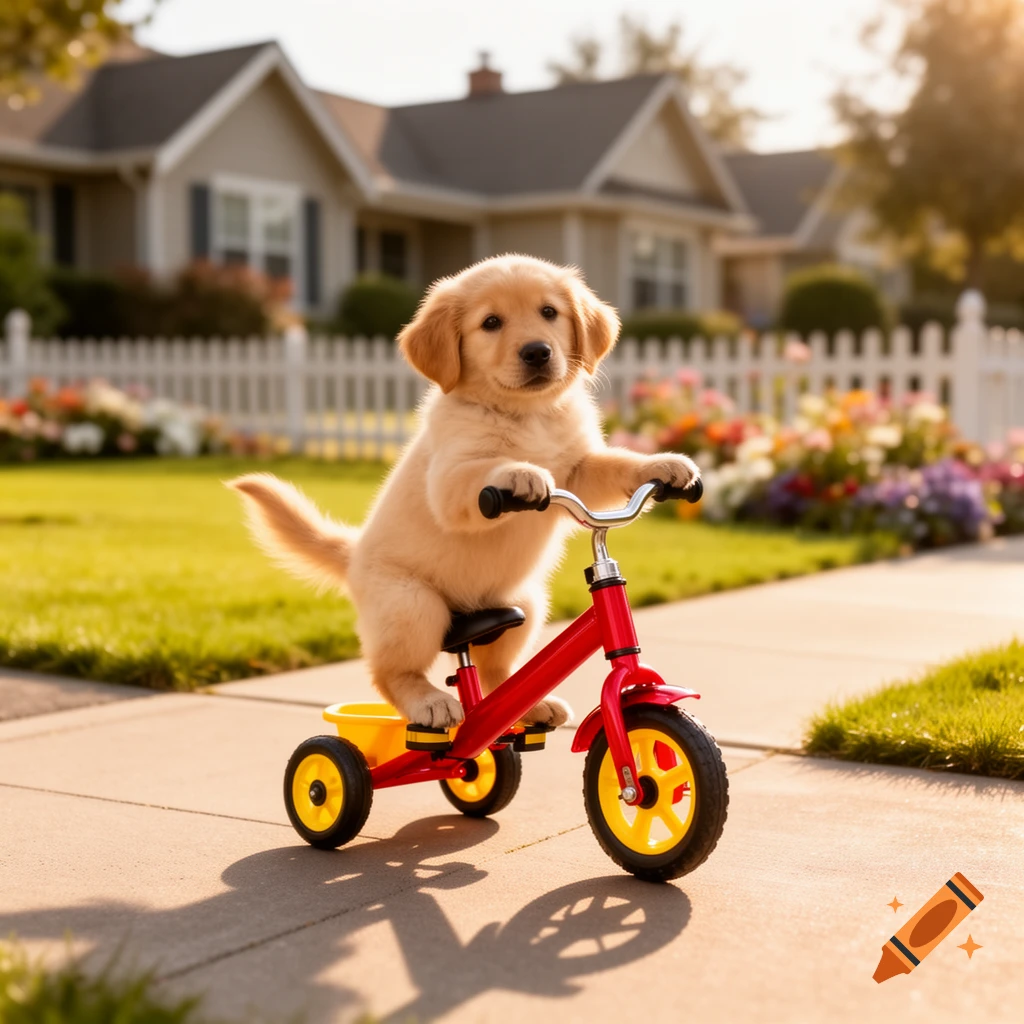 A golden retriever puppy rides a red tricycle on a sunny sidewalk in front of a suburban house.