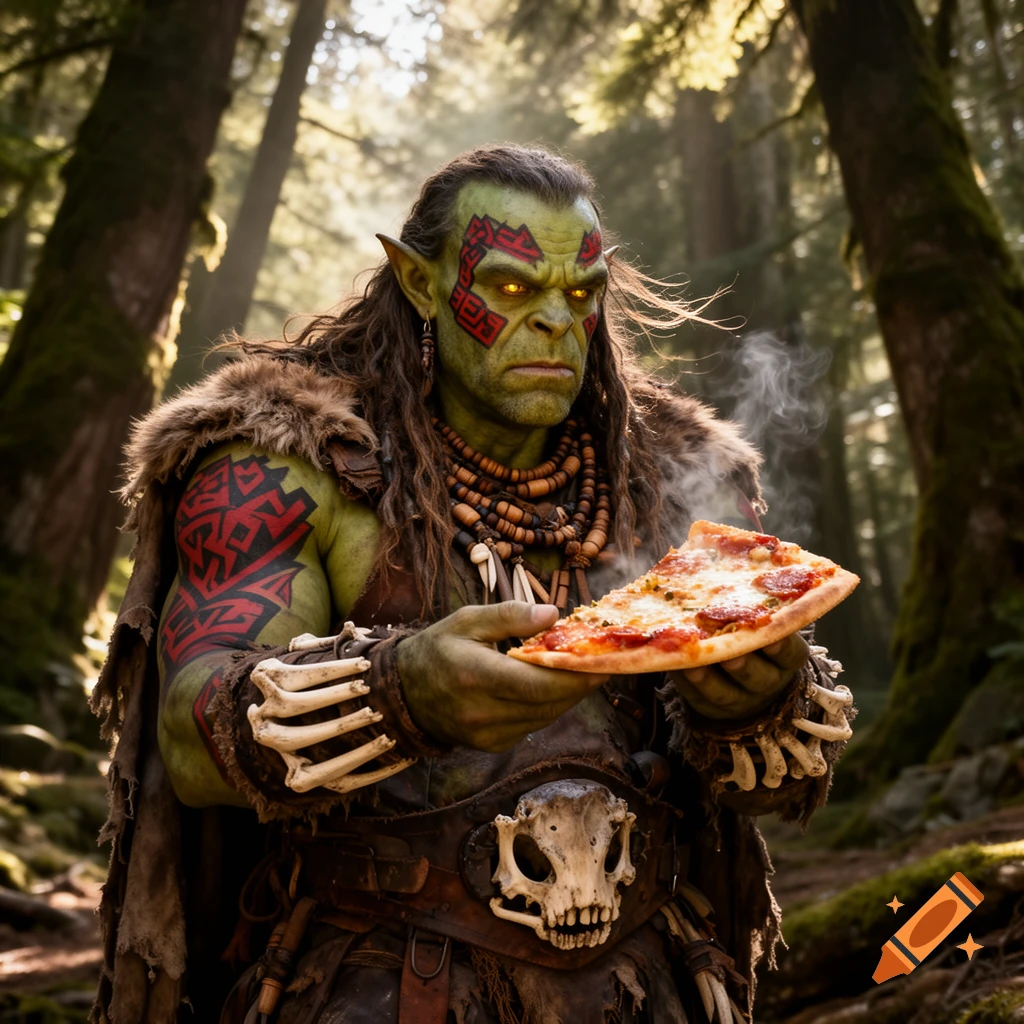 A photorealistic orc shaman warrior with red face paint holds a steaming pepperoni pizza slice in a sun-dappled forest.