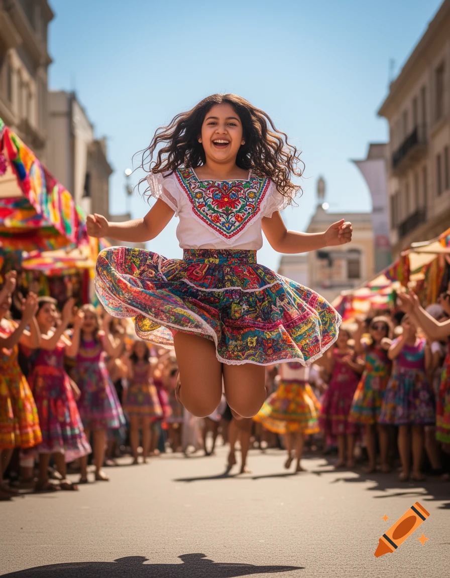 A joyful girl with curly hair in a vibrant, embroidered dress jumps on a sunny street, surrounded by blurred festival crowds and colorful market stalls.