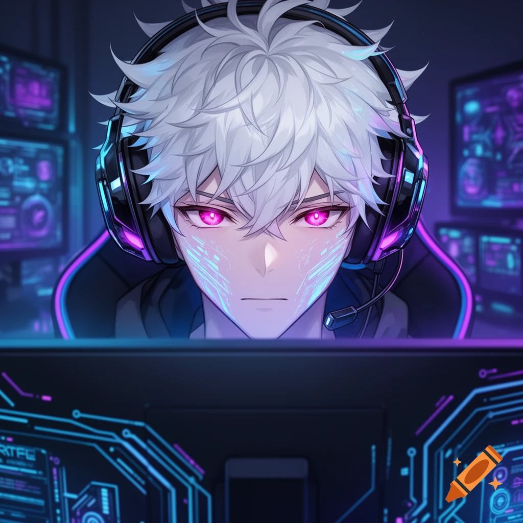 Anime boy with messy white hair and glowing pink eyes, wearing headphones, looking at a high-tech PC monitor in a neon gaming room.