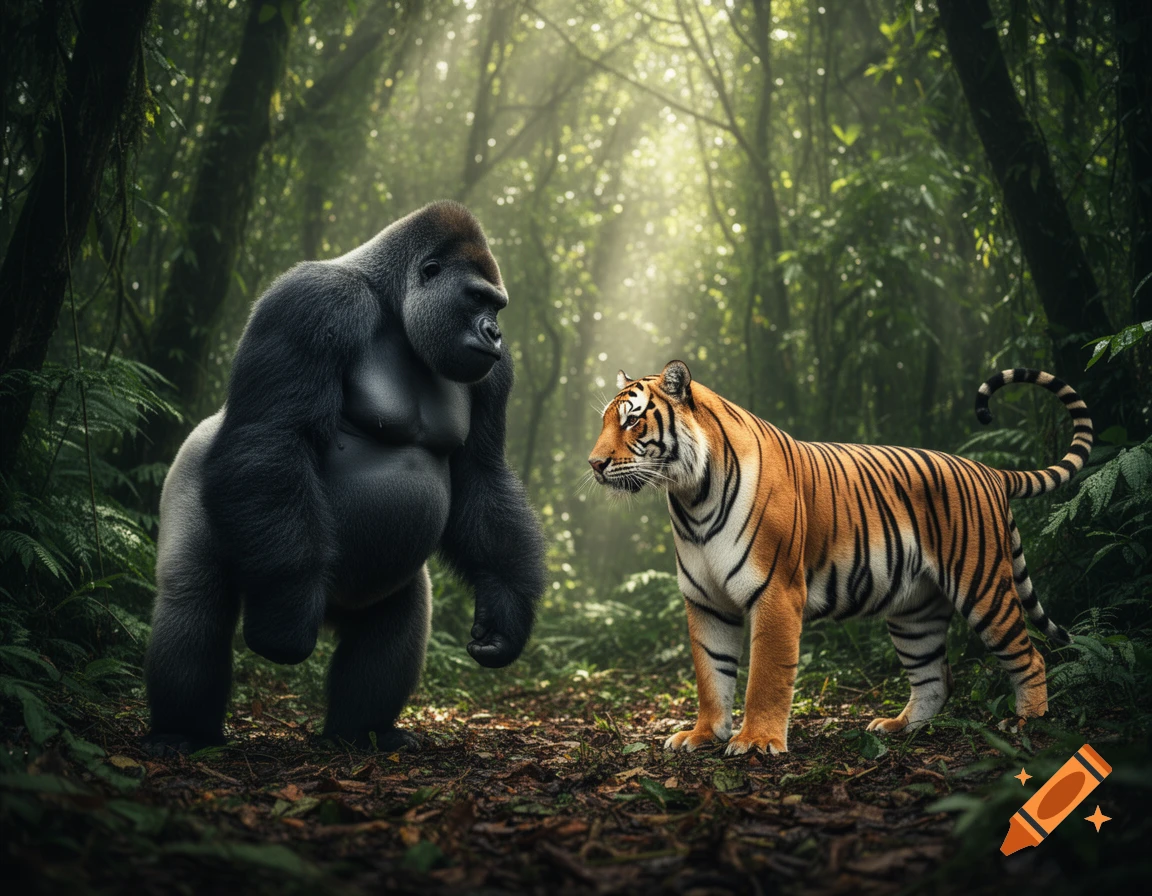 A photorealistic gorilla and a tiger stand face-to-face in a lush, sunlit jungle.