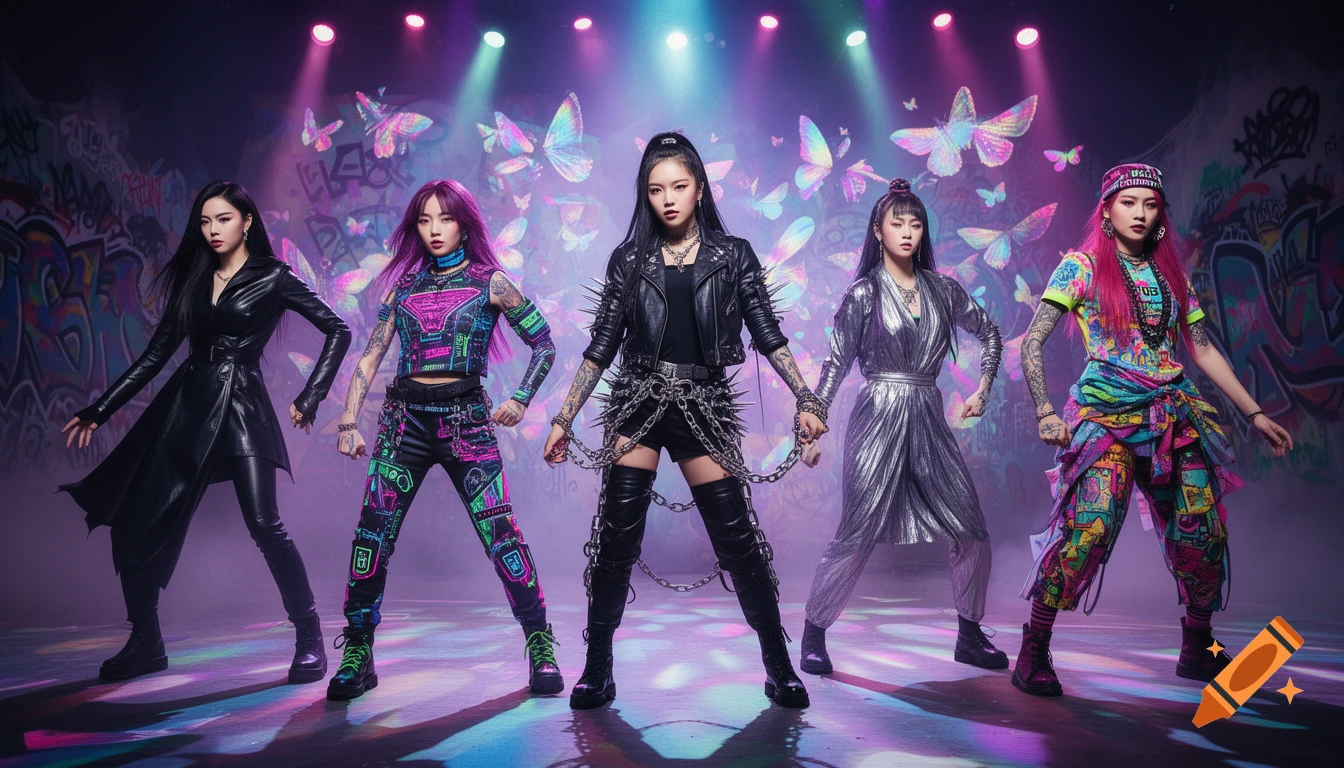 Five K-pop female idols in punk and glamorous outfits, with unique styles including leather, neon, chains, metallic, and colorful street wear, performing on a psychedelic neon stage with graffiti and glowing lights.