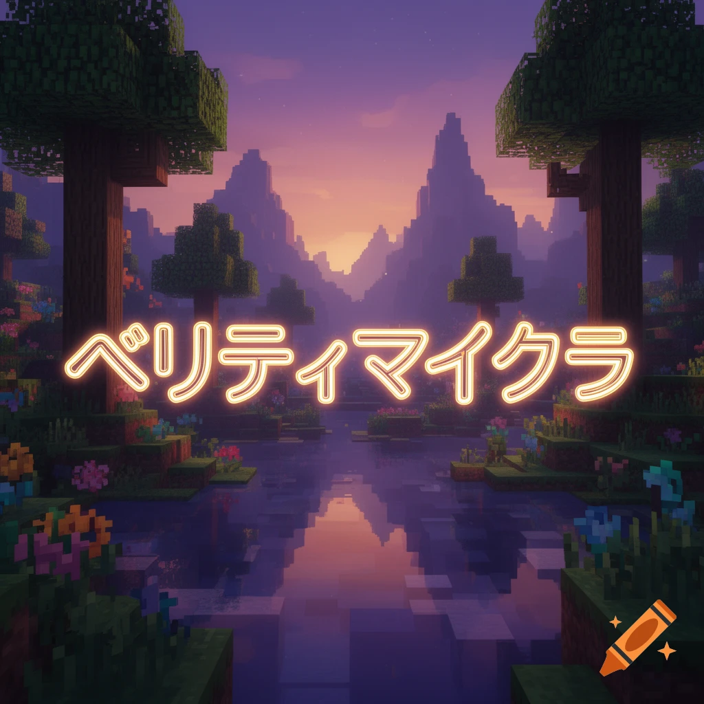 Pixel art landscape with a river reflecting a sunset sky, surrounded by trees, flowers, and mountains, with glowing Japanese text.