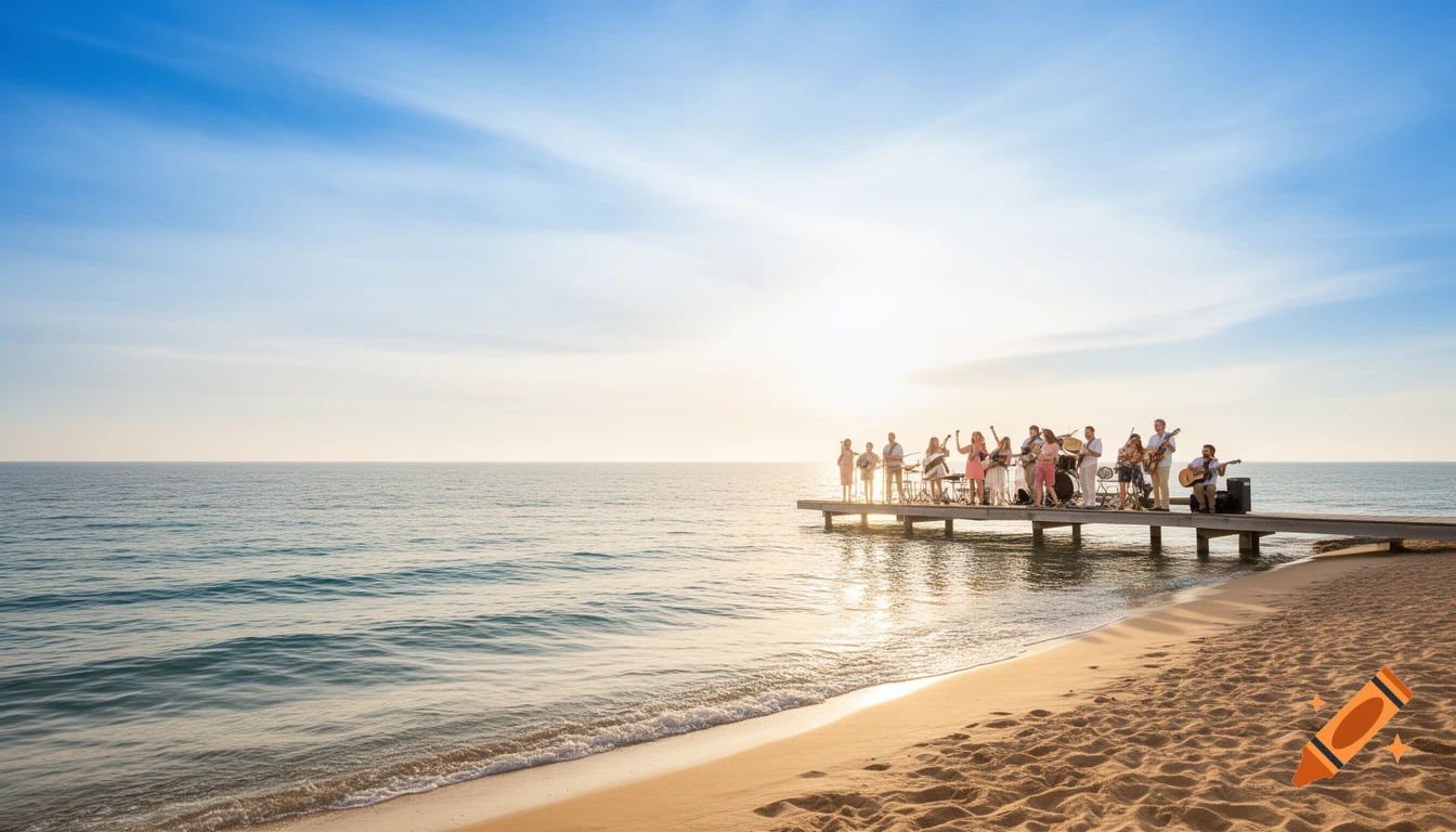 A band performs on a wooden pier extending into the ocean at sunset, with a sandy beach in the foreground.