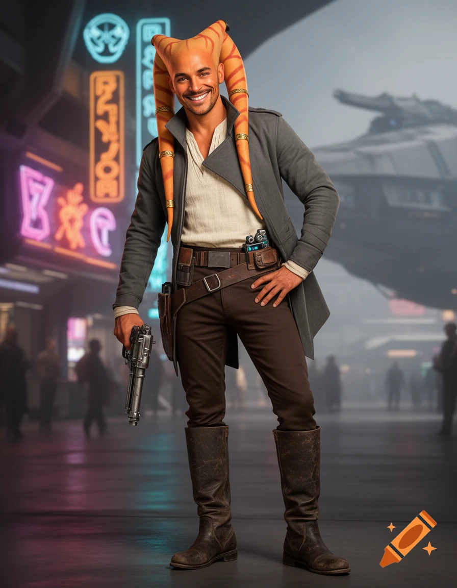 A smiling male Twi'lek smuggler in a grey jacket and brown pants holds a blaster pistol, standing in a blurred, neon-lit alien spaceport.