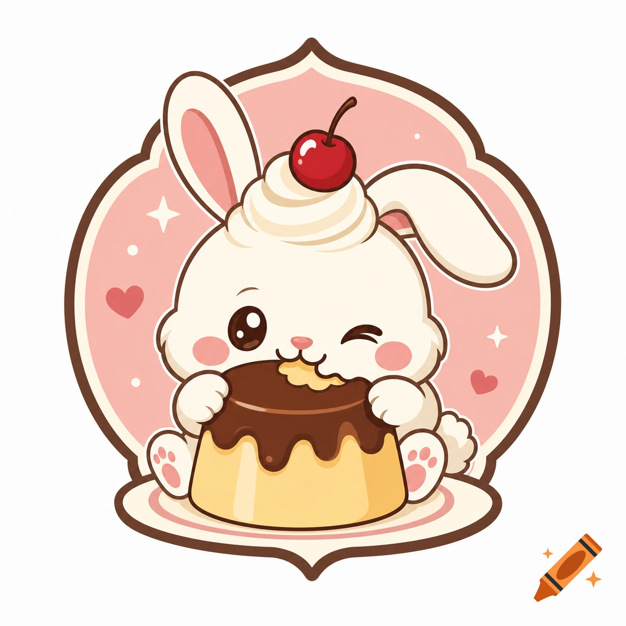 A cute, stylized white rabbit character with whipped cream and a cherry on its head, winking and eating a chocolate-covered pudding, set against a pink, heart-patterned background in a logo design.