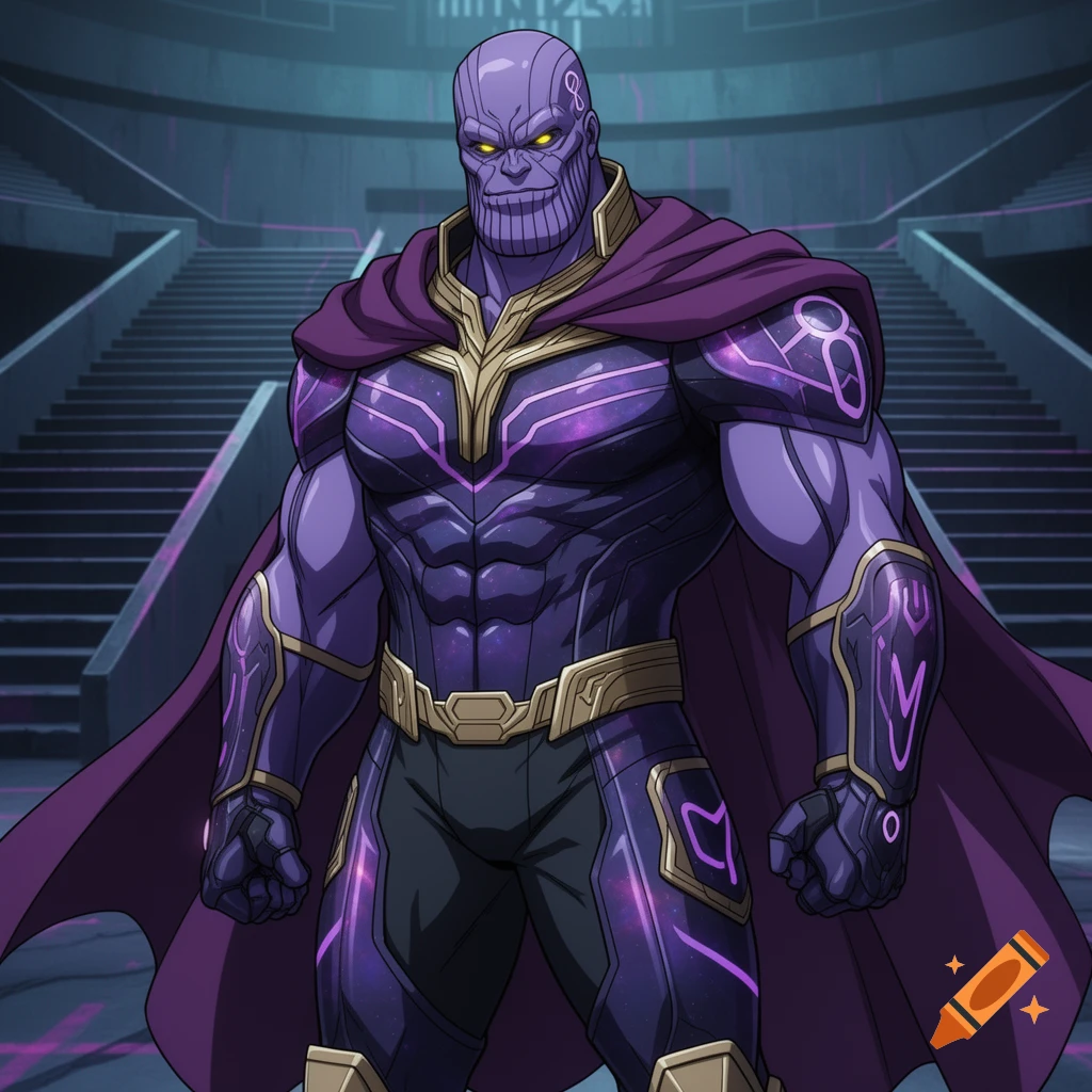 A muscular purple-skinned Thanos in a dark purple and gold armored suit with a flowing cape stands in a futuristic setting, anime style.
