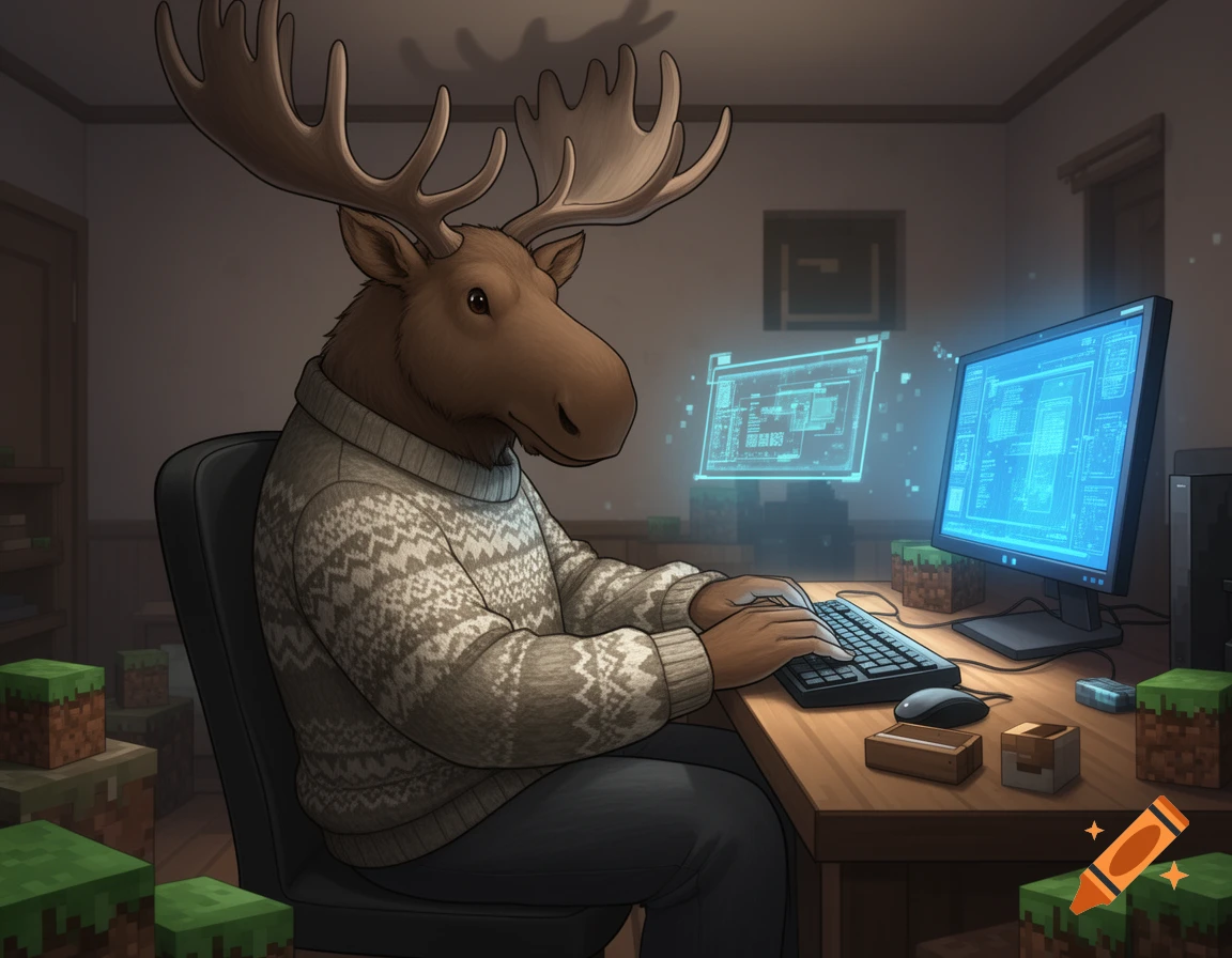 An anthropomorphic moose in a sweater types on a computer, with Minecraft blocks scattered around, in an anime style.