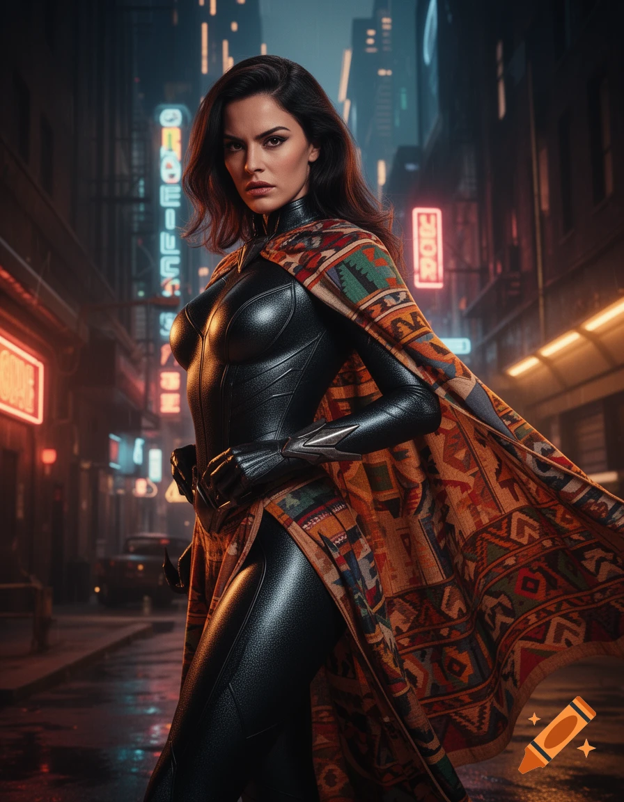 A dark-haired woman in a black, form-fitting suit and a vibrant, patterned cape stands in a neon-lit cyberpunk city street, looking intently forward.