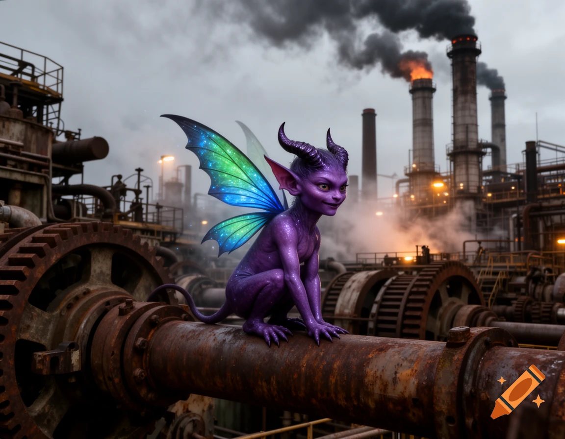 A small purple fairy demon with horns and iridescent wings perches on a rusty pipe in an industrial factory landscape with smoking chimneys.