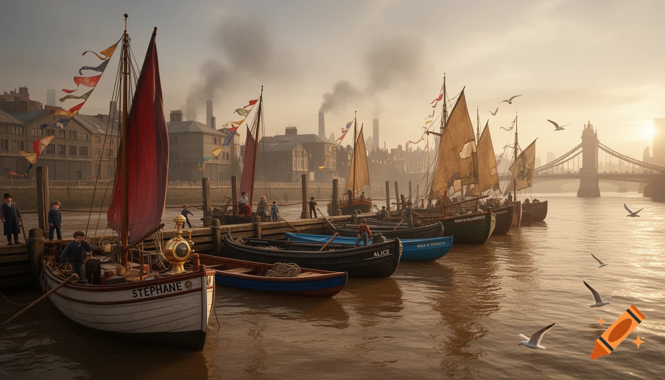 Photorealistic image of old wooden boats lined along a dirty river, with a distant city skyline and bridge under a hazy sunset.