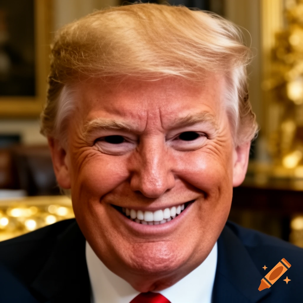 Close-up photorealistic portrait of Donald Trump with black eyes and a wide grin.