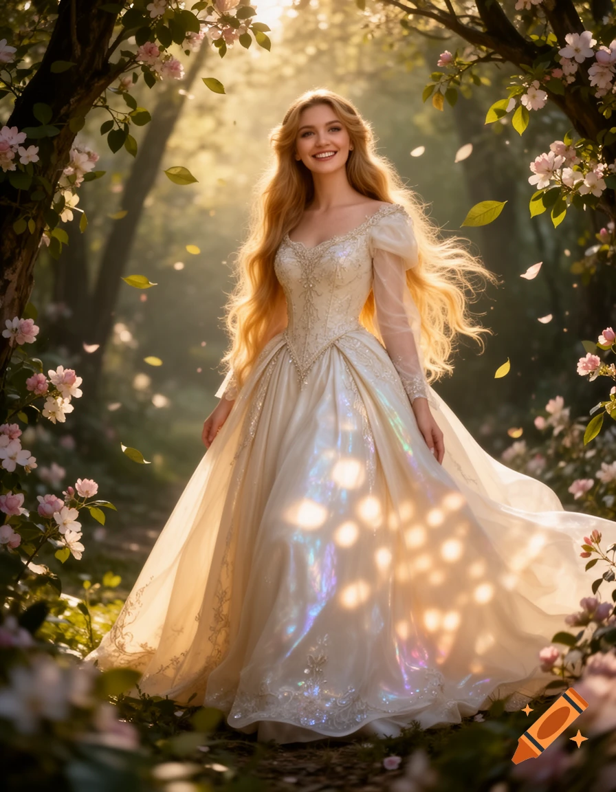 A smiling princess with long blonde hair in an elegant white gown stands in an enchanted forest with pink flowers and dappled sunlight.