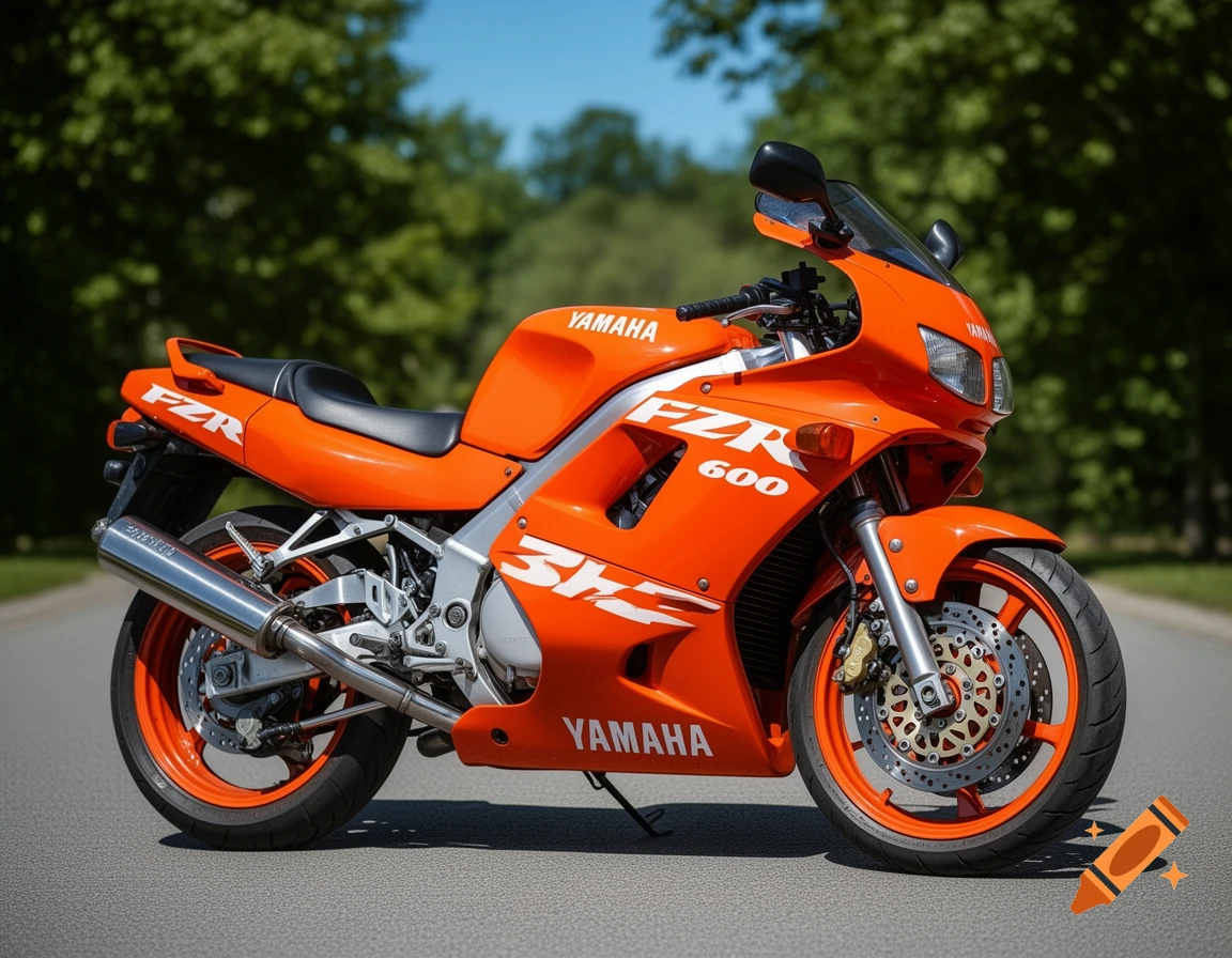 A vibrant orange Yamaha FZR 600 sport motorcycle, with white decals, parked on an asphalt road with blurred green trees.
