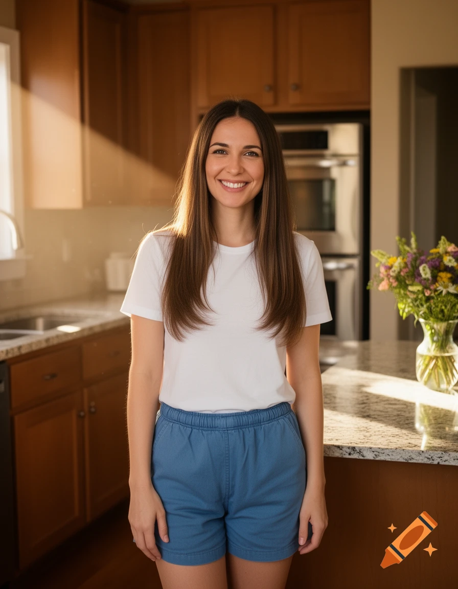 A smiling woman with long brown hair, wearing a white t-shirt and blue shorts, stands in a sunlit kitchen.