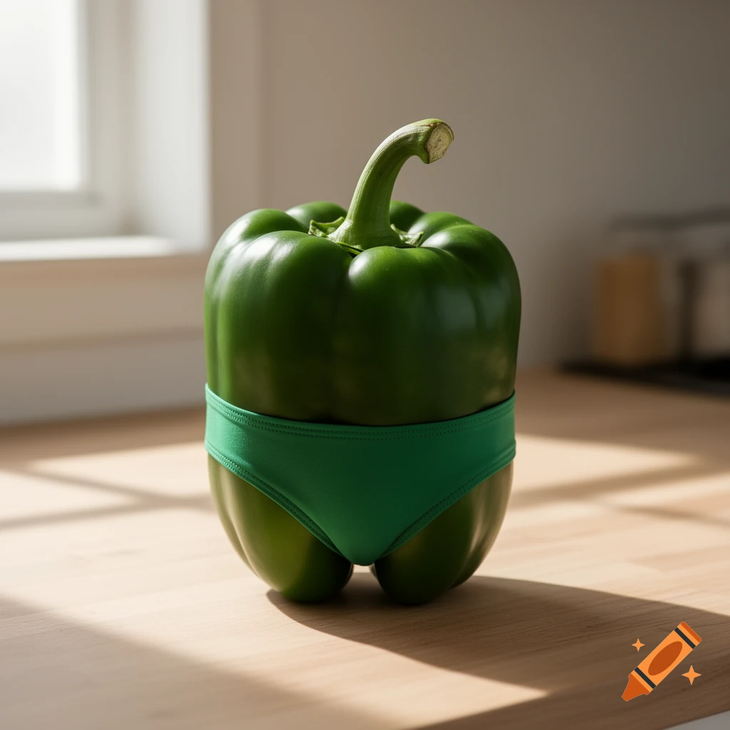 A green bell pepper wearing green speedo underwear stands on a wooden kitchen counter with sunlight streaming in.