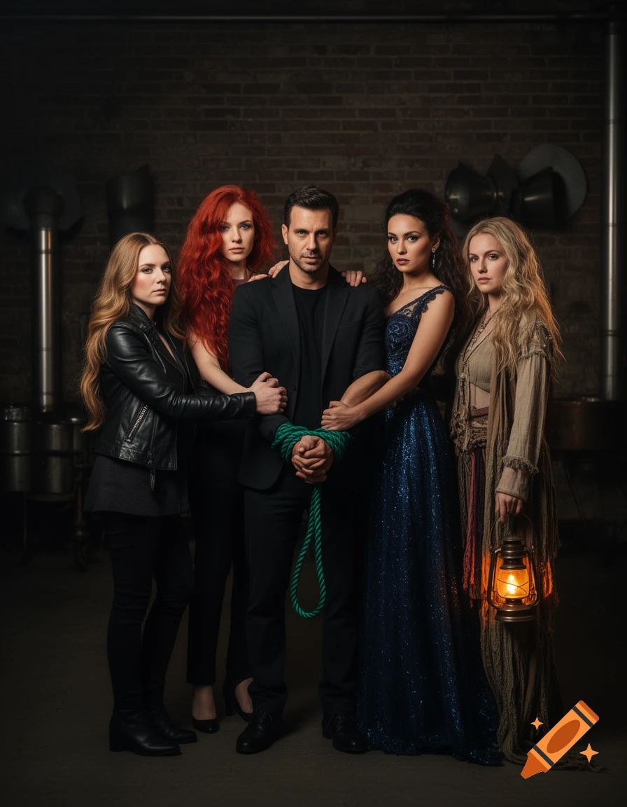 A man with hands bound by a green rope stands in a dark brick room, surrounded by four women. One woman holds a lit lantern.