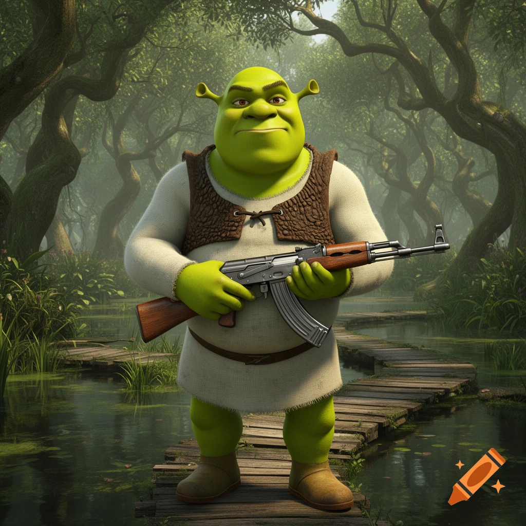 Shrek, the green ogre, stands on a wooden boardwalk in a misty swamp, holding a rifle with a wooden stock.