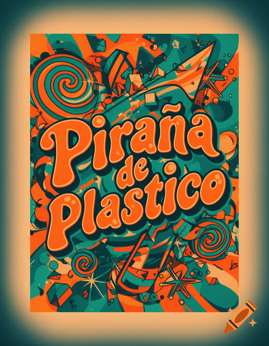 Vibrant retro psychedelic poster with orange text "Piraña de Plastico" and abstract shapes on a teal background.