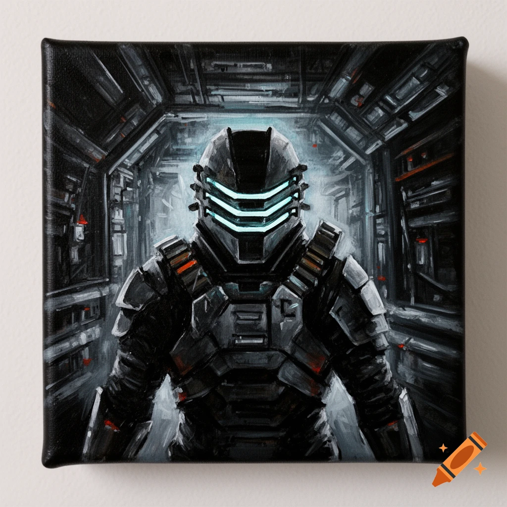 An acrylic painting of a Dead Space engineer in a black futuristic suit with a glowing three-bar visor, standing in a dark spaceship corridor.