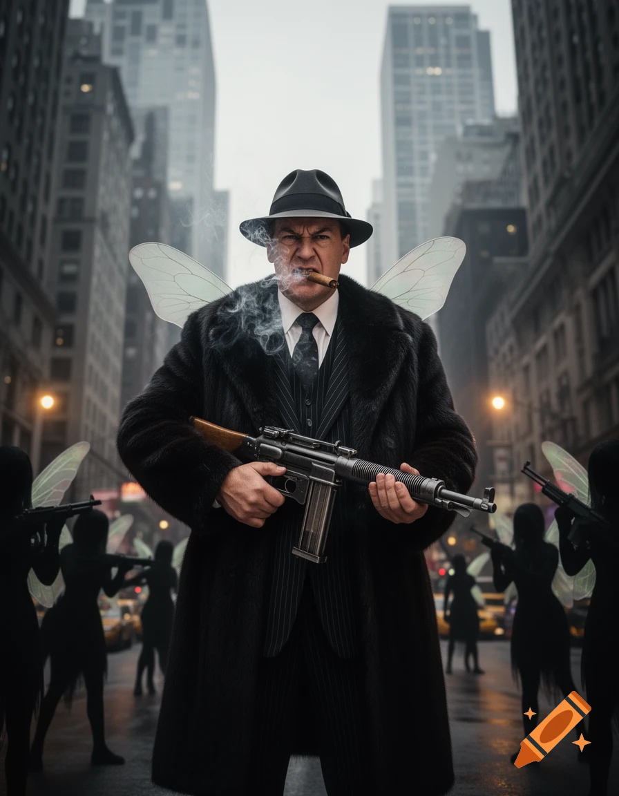 An angry, winged gangster in a fur coat and fedora smokes a cigar while holding a Tommy Gun on a city street, surrounded by shadowy armed fairies.
