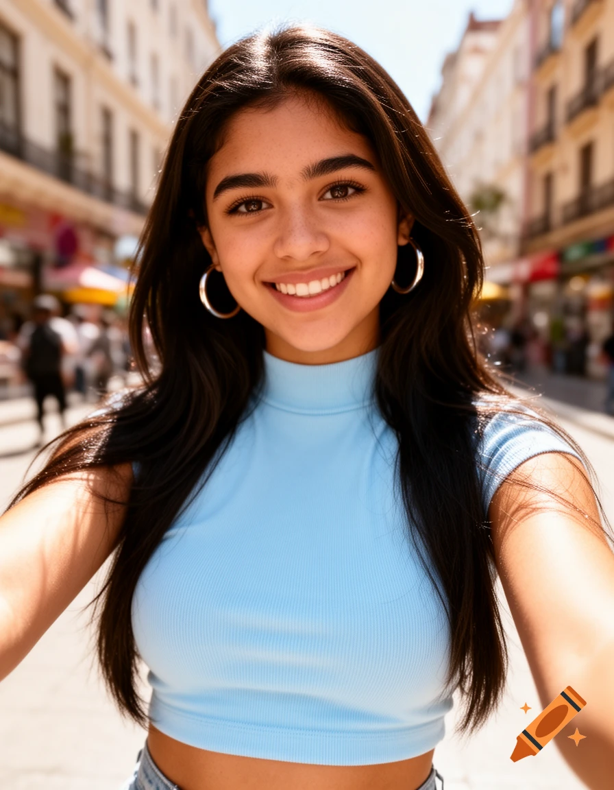 A smiling young Hispanic woman in a light blue crop top and hoop earrings takes a selfie on a sunny city street.