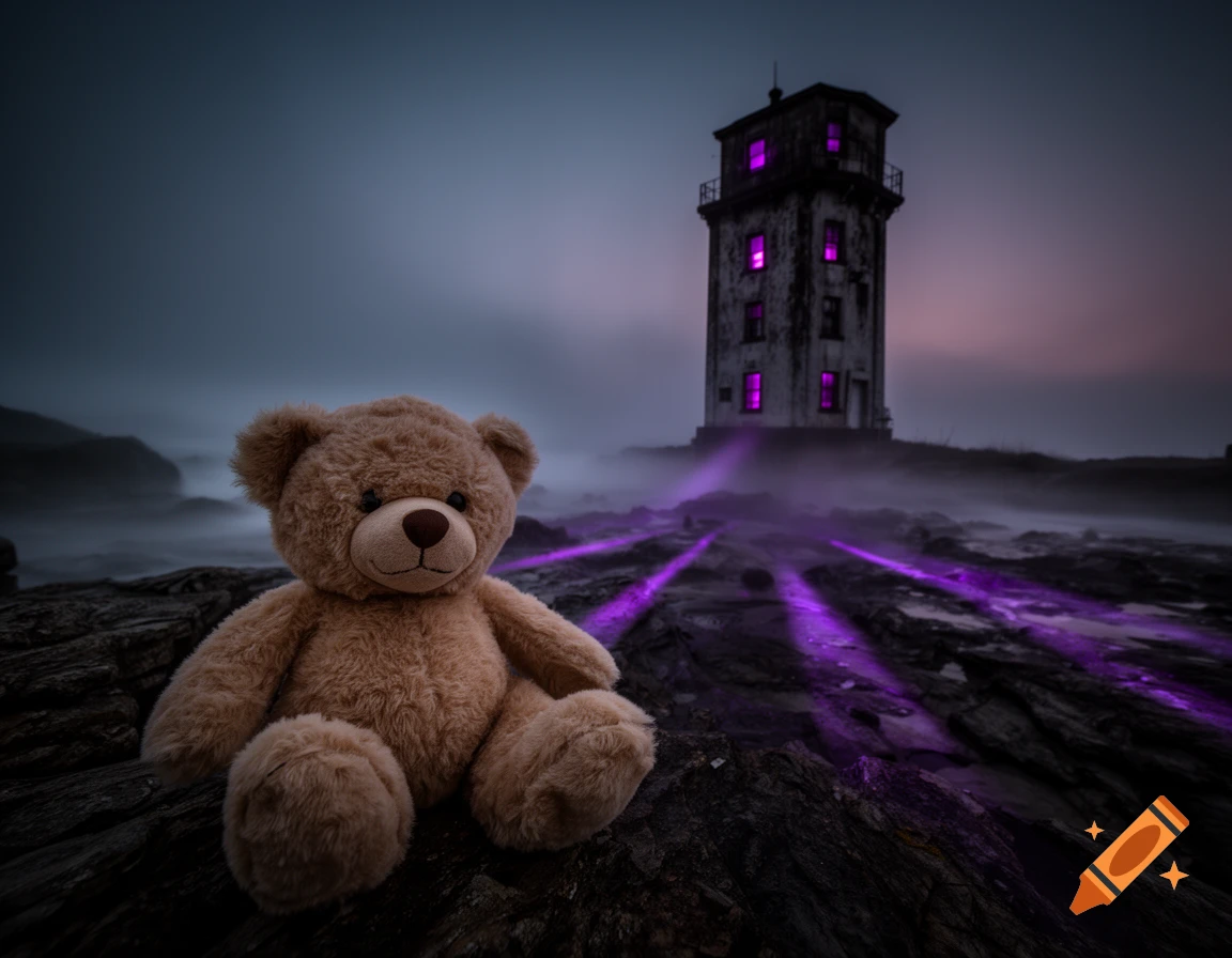 A brown teddy bear sits on dark rocks with an eerie, purple-lit lighthouse in the misty background.