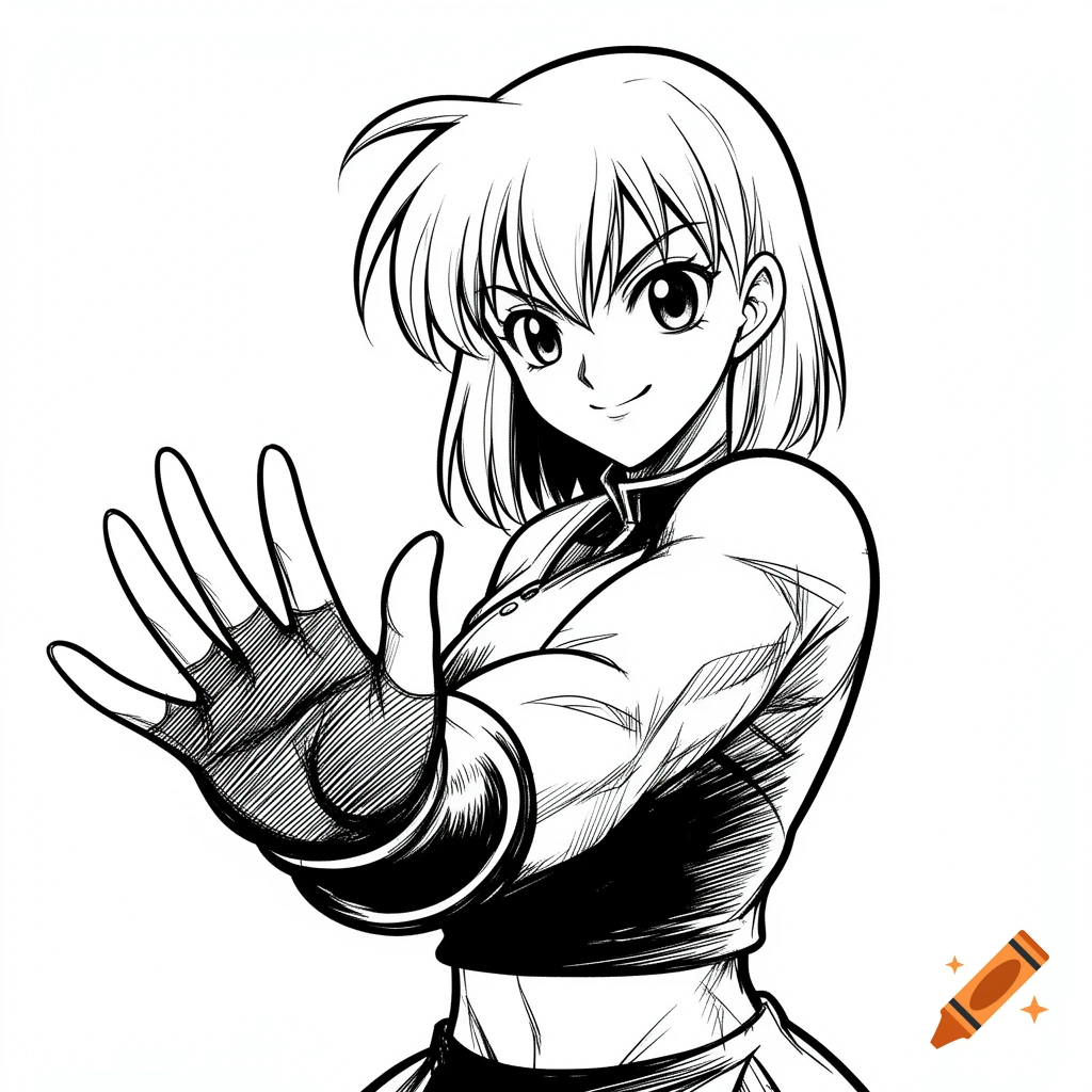 A black and white manga-style illustration of a female fighter in a dynamic pose, holding her left palm forward.