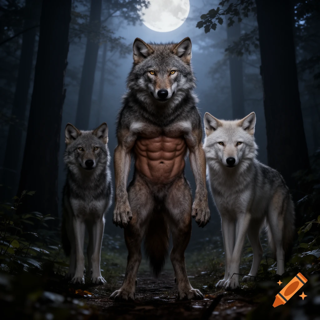 A muscular, bipedal wolf with visible abs stands between two normal wolves in a moonlit forest.
