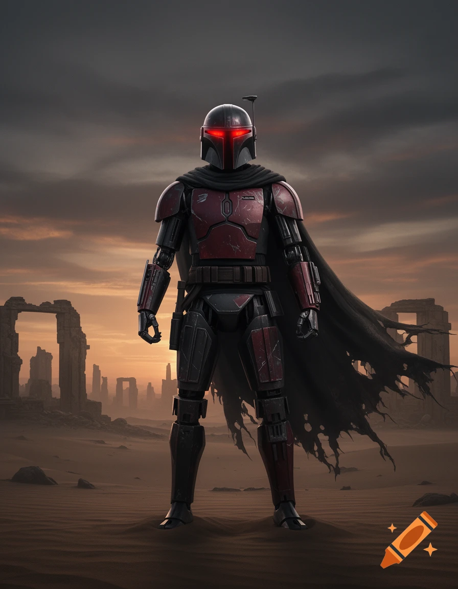 A dark red and black armored figure with a glowing red visor and tattered cape stands in a desert with ruins under a cloudy sunset sky.