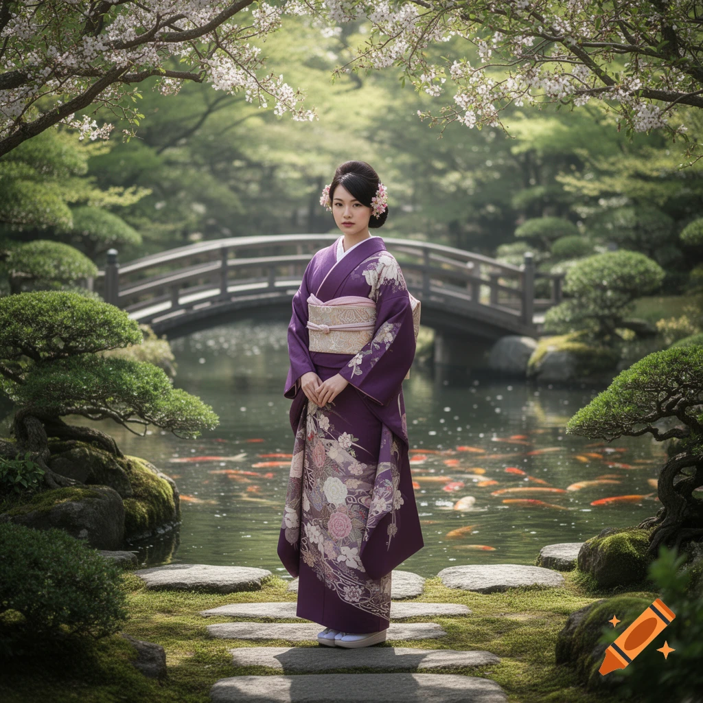 Woman in a purple kimono stands on stepping stones in a Japanese garden with a koi pond, bridge, and flowering cherry trees.