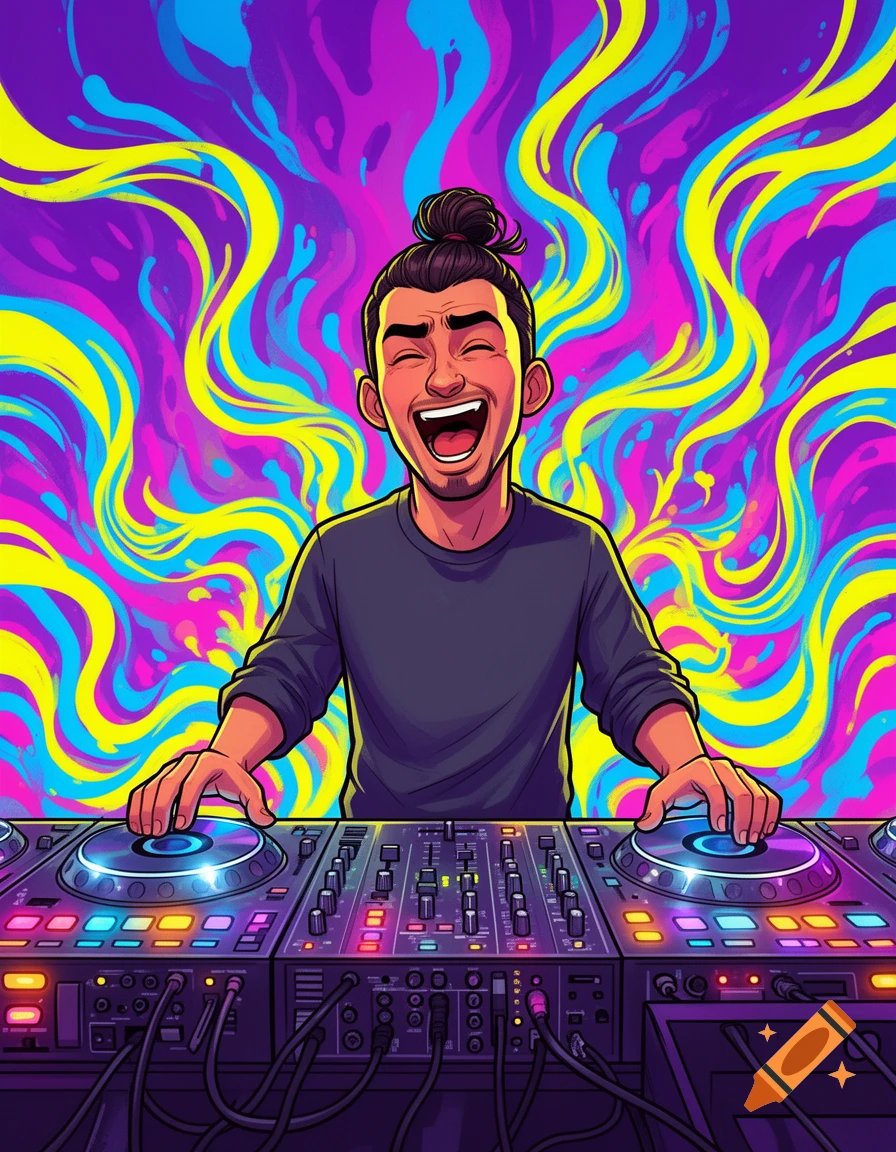A vibrant cartoon of a man with a top knot joyfully operating a DJ deck against a psychedelic background.