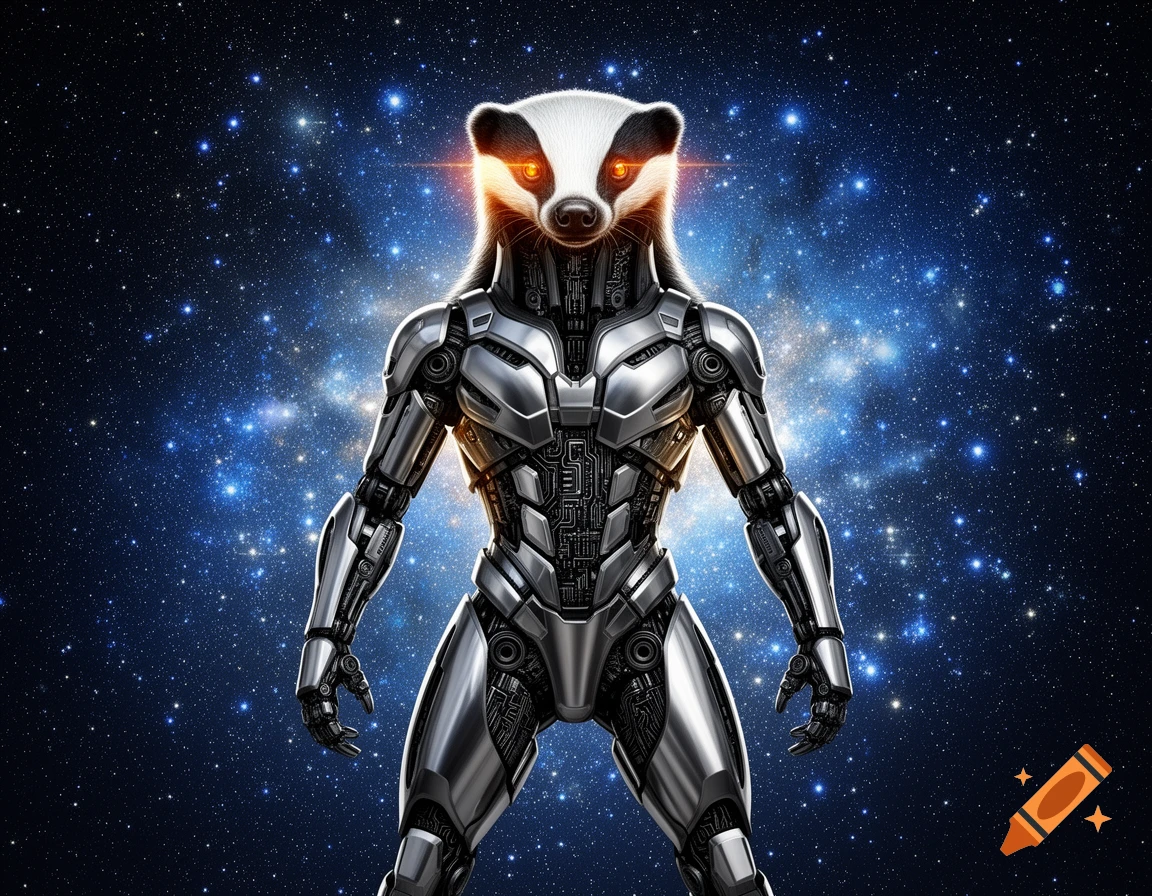 A robotic honey badger with glowing orange eyes stands against a starry night sky in a digital illustration.