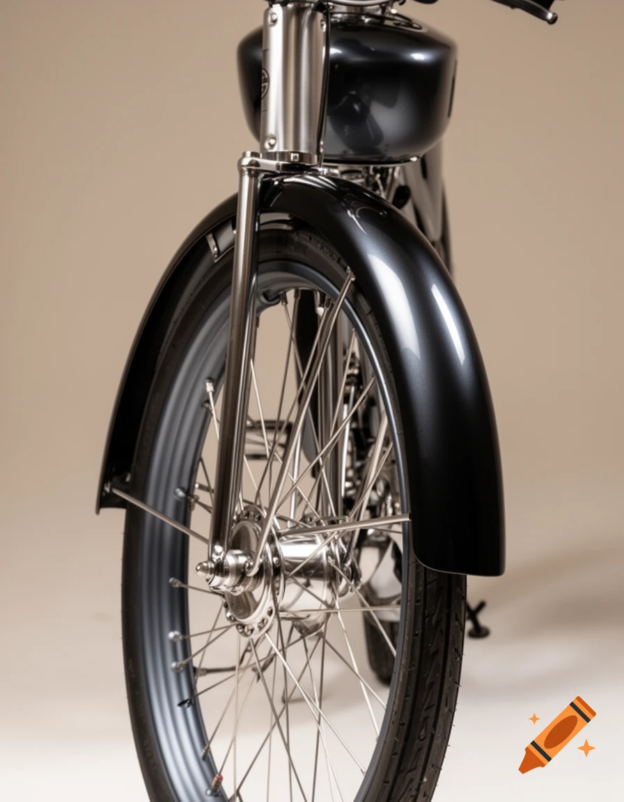 Close-up of a sleek, dark motorcycle's front wheel, black fender, and part of the fuel tank.