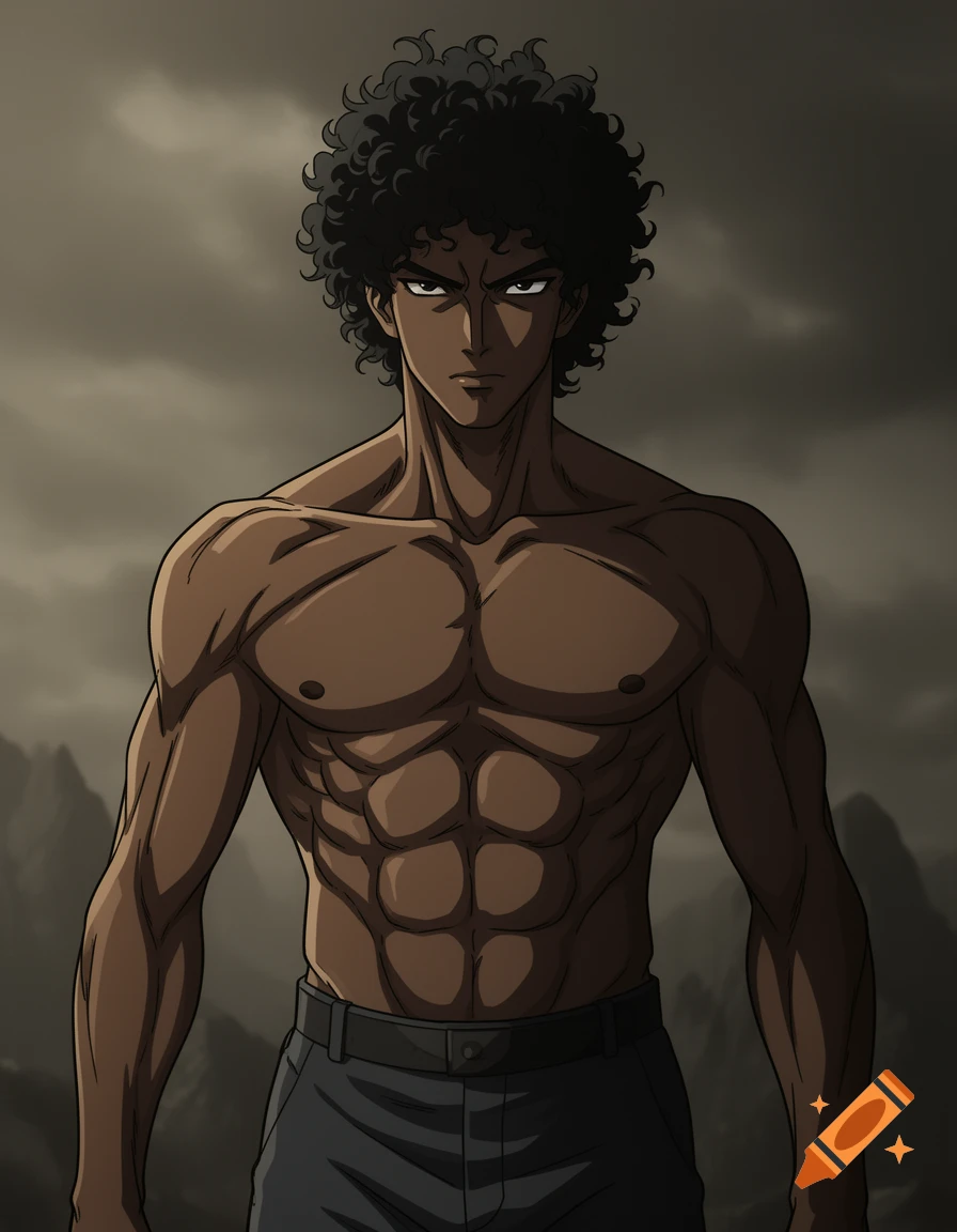 Anime-style illustration of a dark-skinned man with curly black hair and a muscular, shirtless physique, against a cloudy sky.