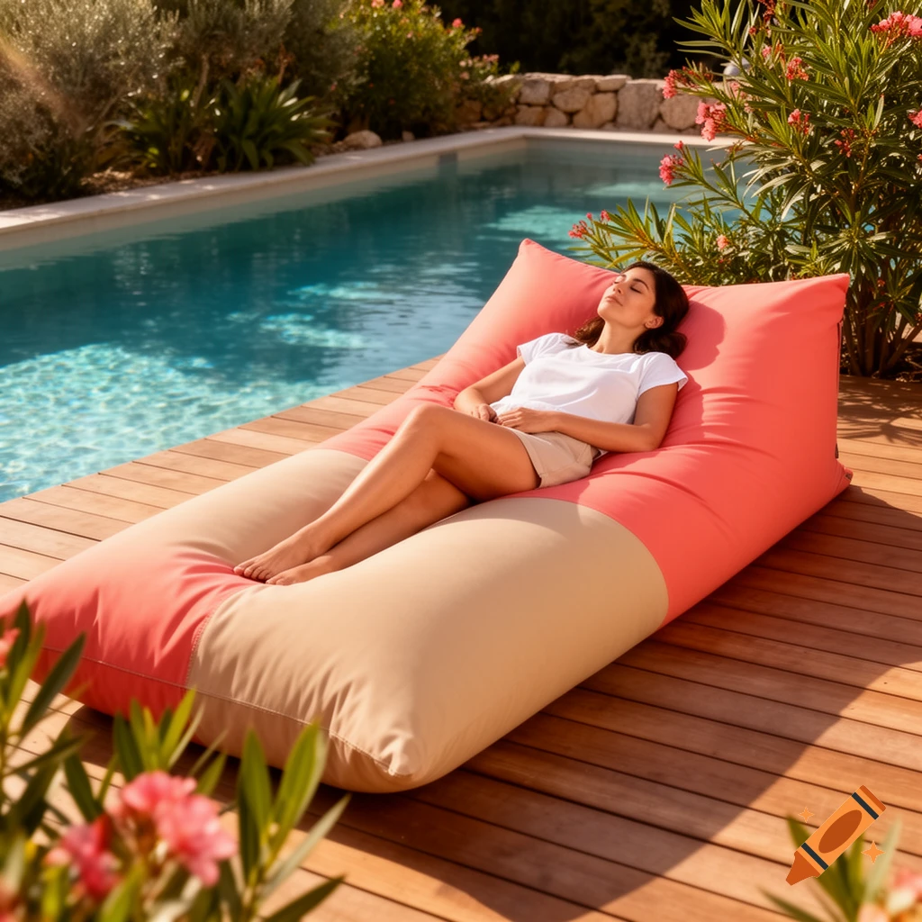 A woman naps on a coral and beige bean bag sunbed by a swimming pool on a wooden deck in warm summer light.