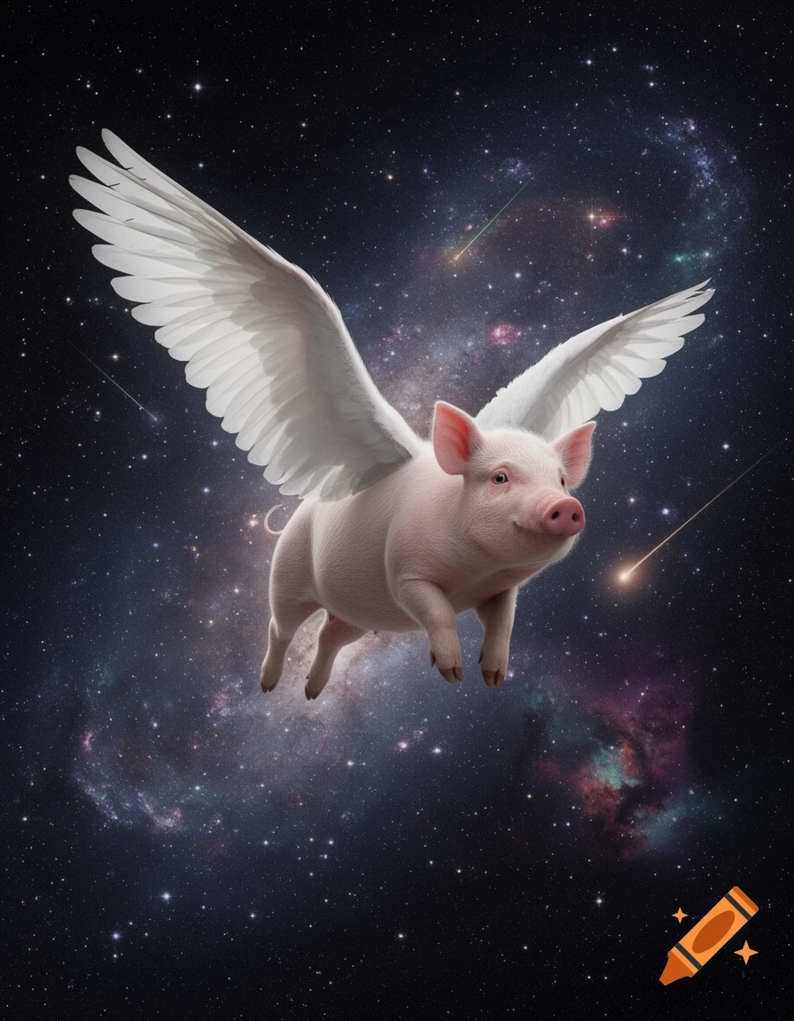 A photorealistic pig with white feathered wings flies through a dark, star-filled galaxy with colorful nebulae and shooting stars.