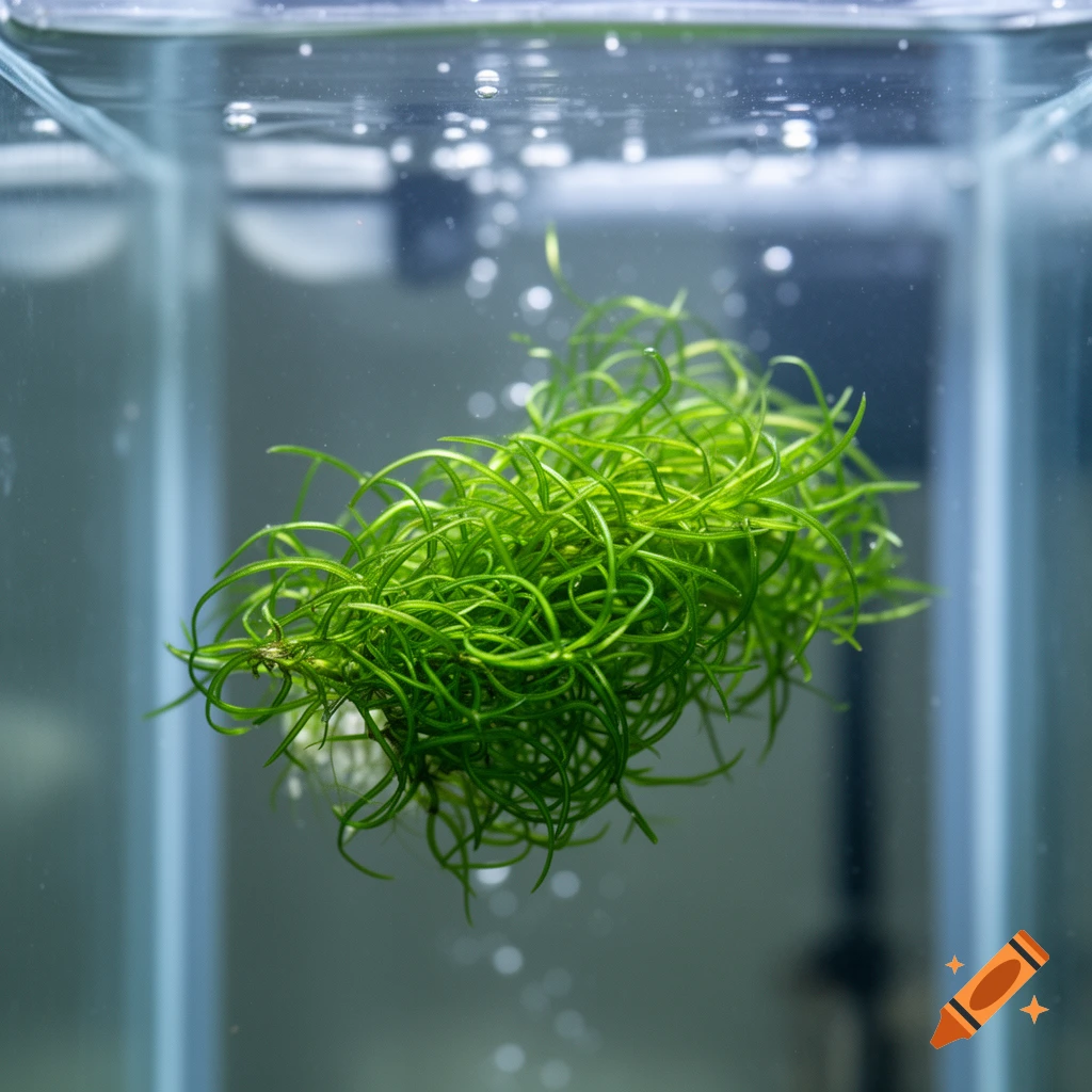 A vibrant green bundle of guppygrass floats in clear aquarium water with bubbles.