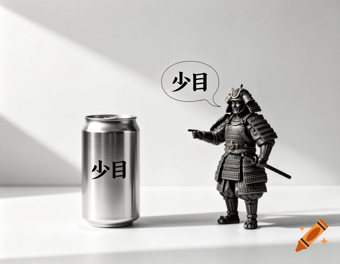 A small ancient shogun warrior figure points at a silver can with the text "少目", while also saying "少目" in a speech bubble, in a minimalist ad.