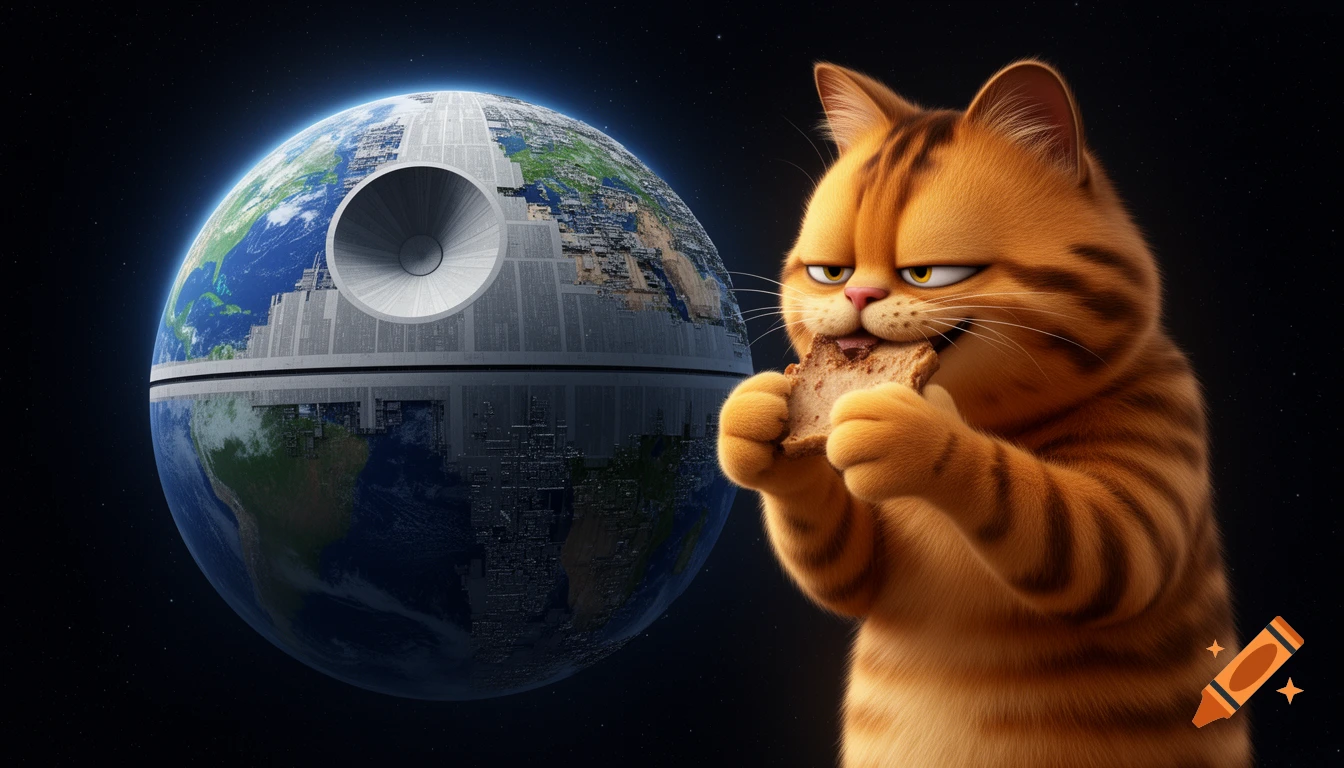 A 3D animated Garfield with a mischievous expression eats a piece of the hybrid Earth-Death Star in space.