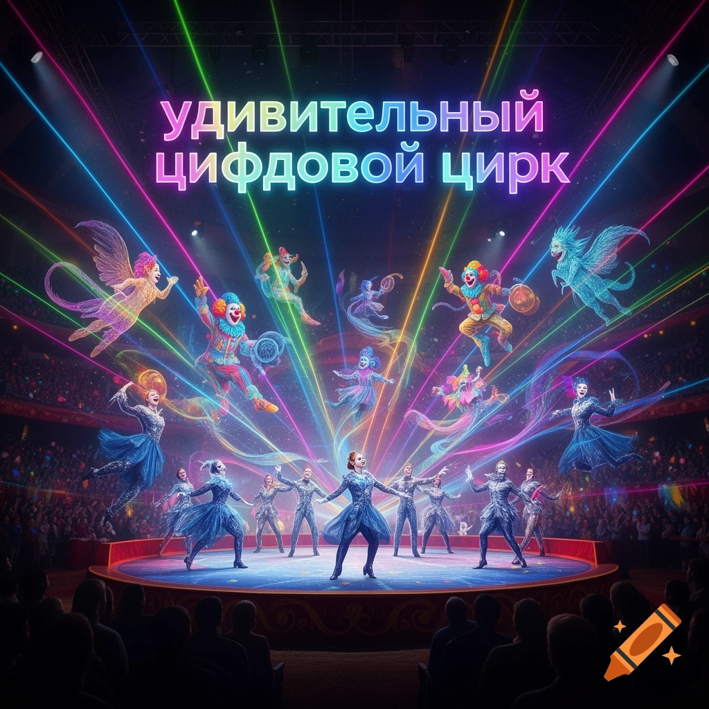 Vibrant digital circus show with glowing performers, clowns, and acrobats on stage, illuminated by colorful laser beams. Text: 'Amazing Digital Circus'.